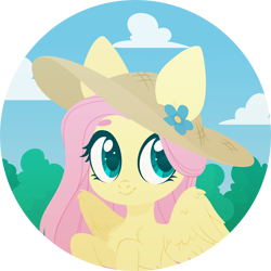 Size: 4000x4000 | Tagged: safe, artist:belka-sempai, derpibooru import, fluttershy, pegasus, pony, absurd resolution, chest fluff, cloud, cute, female, flower, hat, leg fluff, mare, shyabetes, simple background, sky, solo, sun hat, transparent background