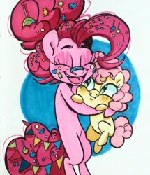 Size: 1024x1190 | Tagged: safe, artist:fulicioustm, derpibooru import, li'l cheese, pinkie pie, earth pony, pony, the last problem, candy, colt, confetti, cute, female, food, happy, lollipop, male, mare, messy mane, messy tail, mother and child, mother and son, older, older pinkie pie, parent and child