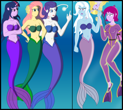 Size: 1999x1784 | Tagged: safe, artist:physicrodrigo, derpibooru import, part of a series, part of a set, fluttershy, fuchsia blush, lavender lace, rarity, trixie, twilight sparkle, angler fish, fish, mermaid, series:equestria mermaids, equestria girls, 2 panel comic, :t, air tank, belly button, bra, breasts, bubble, busty fuchsia blush, cleavage, crossed arms, ear fins, flippers, frown, gills, glow, hands on hip, happy, headlight sparkle, hootershy, magic, mermaidized, oh crap, open mouth, raised eyebrow, raised finger, raritits, rebreather, scuba, seashell bra, smiling, species swap, story included, titsie, transformation, trixie and the illusions, underwater, upside down, wetsuit, wrist grab