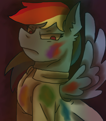 Size: 1400x1600 | Tagged: safe, artist:theedgyduck, derpibooru import, rainbow dash, pegasus, pony, fanfic:rainbow factory, clothes, female, lab coat, looking at you, mare, rainbow factory dash, scowl, simple background, solo