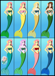 Size: 3500x4792 | Tagged: safe, artist:physicrodrigo, derpibooru import, idw, fluttershy, mermaid, series:equestria mermaids, equestria girls, absurd resolution, alternate versions, aryan, belly button, blonde hair, blue eyes, blushing, bra, brown eyes, brown hair, color theory, dreamworks face, ear fins, flag bikini, grin, hands on hip, human coloration, looking at you, mermaidized, mexican, mexico, pink hair, pink skin, pony coloring, raised eyebrow, recolor, reference, seashell bra, smiling, species swap, underwater