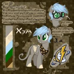 Size: 1500x1500 | Tagged: safe, artist:intfighter, derpibooru import, oc, oc only, oc:ham, pegasus, pony, bust, colored hooves, cyrillic, duo, eyelashes, female, glasses, leonine tail, mare, neckerchief, pegasus oc, reference sheet, russian, smiling, text, wings