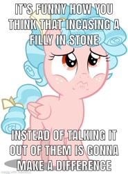 Size: 887x1200 | Tagged: safe, derpibooru import, cozy glow, pegasus, pony, the ending of the end, beating a dead horse, caption, cozy glow is best facemaker, drama, image macro, meme, op can't let go, sad, solo, text, truth