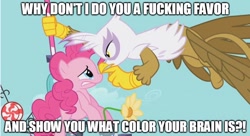 Size: 890x484 | Tagged: safe, edit, edited screencap, screencap, gilda, pinkie pie, earth pony, griffon, pony, griffon the brush off, black lagoon, caption, image macro, impact font, marÿke hendrikse, meme, pointing, revy, text, threat, voice actor joke, vulgar