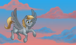 Size: 2801x1677 | Tagged: safe, artist:toonlumps, derpy hooves, pegasus, pony, cloud, cute, derp, derpabetes, dusk, female, flying, mare, sky, solo, tongue out