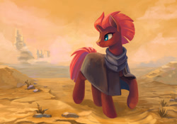 Size: 1600x1119 | Tagged: safe, artist:maytee, tempest shadow, pony, unicorn, broken horn, cloak, clothes, desert, horn, smiling, solo