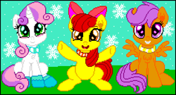 Size: 948x512 | Tagged: safe, artist:theretroart88, editor:cocoa bittersweet, apple bloom, scootaloo, sweetie belle, earth pony, pegasus, pony, unicorn, apple bloom's bow, boots, bow, chest fluff, clothes, cutie mark crusaders, female, filly, hair bow, looking at you, manepxls, pxls.space, scarf, shoes, smiling, snow, snowfall, snowflake