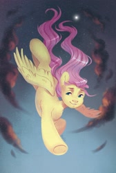 Size: 1280x1909 | Tagged: safe, artist:hollybright, derpibooru import, fluttershy, pegasus, pony, cloud, diving, dusk, flying, moon, signature, sky, smiling, solo, spread wings, stars, windswept mane, wings
