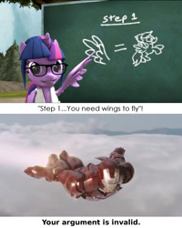 Size: 1360x1700 | Tagged: safe, artist:argodaemon, derpibooru exclusive, edit, sci-twi, twilight sparkle, twilight sparkle (alicorn), alicorn, pony, chalkboard, flying, glasses, iron man, your argument is invalid