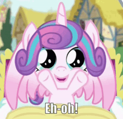 Size: 474x456 | Tagged: safe, edit, edited screencap, screencap, princess flurry heart, alicorn, pony, a flurry of emotions, animated, caption, cooing, cropped, cute, female, filly, flurrybetes, foal, gif, giggling, happy, hoofy-kicks, image macro, looking at you, loop, open mouth, pov, smiling, solo, spread wings, teletubbies, text, waving, waving hooves, wings