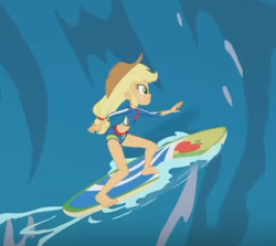 Size: 399x356 | Tagged: safe, screencap, applejack, better together, blue crushed, equestria girls, barefoot, clothes, cropped, feet, legs, solo, surfboard, surfing, swimsuit