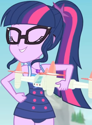 Size: 657x891 | Tagged: safe, screencap, sci-twi, twilight sparkle, better together, equestria girls, forgotten friendship, clothes, cropped, cute, drone, eyes closed, female, geode of telekinesis, glasses, jewelry, legs, magical geodes, necklace, outdoors, ponytail, sky, sleeveless, smiling, solo, swimsuit, tree, twiabetes