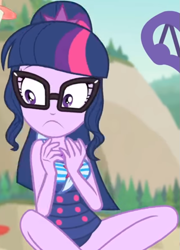 Size: 633x880 | Tagged: safe, screencap, sci-twi, twilight sparkle, better together, equestria girls, forgotten friendship, beach chair, beach umbrella, clothes, cropped, cute, drone, eyes widened, female, forest background, geode of telekinesis, glasses, jewelry, legs, looking down, magical geodes, necklace, outdoors, ponytail, sitting, sky, sleeveless, solo, swimsuit, tree, twiabetes