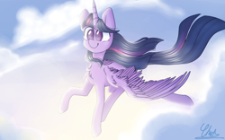 Size: 800x500 | Tagged: safe, artist:lightlycandy, twilight sparkle, twilight sparkle (alicorn), alicorn, pony, chest fluff, cloud, colored pupils, cute, female, flying, mare, sky, smiling, solo, spread wings, twiabetes, wings