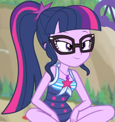 Size: 789x843 | Tagged: safe, screencap, sci-twi, twilight sparkle, better together, equestria girls, forgotten friendship, beach chair, clothes, cropped, cute, female, geode of telekinesis, jewelry, legs, lidded eyes, magical geodes, necklace, outdoors, ponytail, sitting, sky, sleeveless, smiling, solo, swimsuit, twiabetes, umbrella