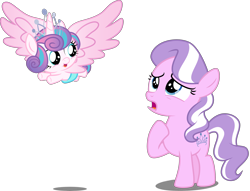 Size: 4428x3390 | Tagged: safe, artist:cloudyglow, artist:concordisparate, edit, edited edit, editor:slayerbvc, diamond tiara, princess flurry heart, alicorn, earth pony, pony, accessory theft, accessory-less edit, baby, baby pony, diamond tiara's tiara, diaper, female, filly, flying, foal, jewelry, looking back, looking up, missing accessory, raised hoof, simple background, spread wings, tiara, transparent background, underhoof, upset, vector, vector edit, wings