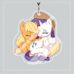 Size: 1020x1024 | Tagged: safe, artist:chapaghettii, derpibooru import, applejack, rarity, earth pony, pony, unicorn, applejack's hat, cowboy hat, female, hat, keychain, lesbian, lying down, rarijack, sample, shipping