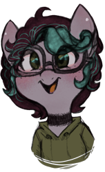 Size: 729x1200 | Tagged: safe, artist:hippykat13, oc, oc only, oc:kitty sweet, pegasus, pony, blushing, clothes, curly hair, cute, digital art, ear piercing, earring, female, freckles, glasses, hoodie, jewelry, mare, open mouth, piercing, ponysona, short hair, short mane, simple background, sketch, smiling, solo, traditional art, transparent background