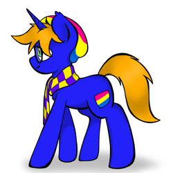 Size: 1400x1400 | Tagged: safe, artist:cagey, oc, oc:beat nick, pony, checkered scarf, clothes, cutie mark, half-bat pony, half-unicorn, hat, hipster, hipster glasses, implied heterochromia, pansexual, pansexual pride flag cutie mark, scarf, smiling, solo