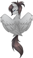 Size: 1416x2456 | Tagged: safe, artist:scarlet-spectrum, oc, oc only, oc:fahrenheit, pegasus, pony, bust, facing away, female, lidded eyes, looking at you, looking back, looking back at you, mare, ponytail, rear view, simple background, solo, spread wings, transparent background, wing fluff, wings, ych result