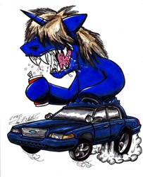 Size: 1024x1259 | Tagged: safe, artist:sketchywolf-13, oc, oc only, oc:colt .45, pony, unicorn, alcohol, beer, beer can, car, commission, ford, ford crown victoria, horn, male, messy mane, rat fink, sharp teeth, simple background, smoke, solo, stallion, teeth, traditional art, white background