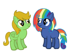 Size: 2732x2048 | Tagged: safe, artist:turnaboutart, oc, oc only, oc:spectrum sapling, oc:suncrisp streak, earth pony, pegasus, colt, duo, earth pony oc, female, filly, foal, magical lesbian spawn, male, offspring, parent:applejack, parent:rainbow dash, parents:appledash, pegasus oc, simple background, transparent background, twins, wings