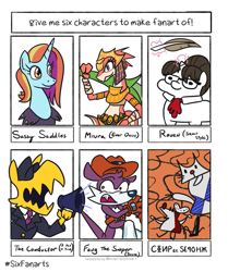 Size: 1005x1200 | Tagged: safe, artist:jargon scott, raven, sassy saddles, pony, unicorn, a hat in time, fang the sniper, female, mare, miura (ever oasis), six fanarts, sonic the hedgehog (series), squatpony, the conductor, the simpsons, worker and parasite