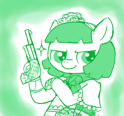 Size: 640x600 | Tagged: safe, artist:ficficponyfic, part of a series, part of a set, oc, oc:mulberry telltale, bag, boot, confident, cyoa, cyoa:madness in mournthread, female, flower, glint in eye, gun, handgun, handkerchief, headband, mare, monochrome, mystery, pistol, pose, shawl, simple background, smiling, story included, weapon