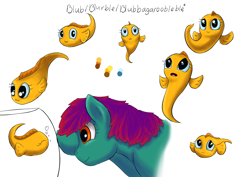 Size: 6960x4923 | Tagged: safe, artist:firefly_sunset, artist:piiec, oc, oc:blurble, oc:fish, fish, adorable face, baby fish, bleh, blue eyes, cute, yellow