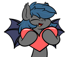 Size: 2560x1920 | Tagged: safe, artist:kimjoman, oc, oc only, bat pony, pony, bat pony oc, bat wings, blue mane, eyes closed, gray coat, happy, heart, holding, holiday, laughing, male, simple background, solo, stallion, transparent background, valentine's day, wings