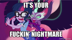 Size: 800x449 | Tagged: artist needed, safe, edit, edited screencap, screencap, midnight sparkle, sci-twi, twilight sparkle, equestria girls, legend of everfree, avenged sevenfold, caption, evil version, glasses, image macro, impact font, meme, scared, text, vulgar