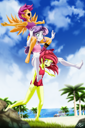 Size: 2100x3166 | Tagged: safe, alternate version, artist:mauroz, apple bloom, scootaloo, sweetie belle, equestria girls, amputee, armpits, barefoot, beach, bikini, clothes, cutie mark crusaders, eyes closed, feet, female, horn, horned humanization, midriff, one-piece swimsuit, open mouth, piggyback ride, prosthetic leg, prosthetic limb, prosthetics, scared, smiling, swimsuit, this will end in pain, winged humanization, wings