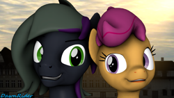 Size: 3840x2160 | Tagged: safe, artist:dawnyr, artist:dawnyrs, scootaloo, oc, oc:rome silvanus, earth pony, pegasus, 3d, looking at each other, smiling, source filmmaker, town