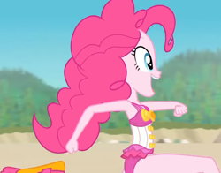 Size: 1380x1080 | Tagged: safe, screencap, pinkie pie, better together, equestria girls, forgotten friendship, beach, bowtie, clothes, cropped, curly hair, cute, diapinkes, female, flipper, forest, forest background, geode of sugar bombs, legs, magical geodes, outdoors, rock, running, sky, sleeveless, smiling, swimsuit, tree