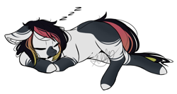 Size: 1300x691 | Tagged: safe, artist:pinkdolphin147, oc, oc:mottle tine, earth pony, pony, female, mare, onomatopoeia, simple background, sleeping, solo, sound effects, white background, zzz