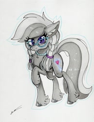 Size: 2419x3117 | Tagged: safe, artist:luxiwind, silver spoon, earth pony, pony, ear fluff, female, glasses, high res, jewelry, looking at you, necklace, older, raised hoof, smiling, solo, traditional art