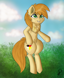 Size: 2500x3000 | Tagged: safe, artist:sorajona, oc, oc:sunny rain, earth pony, pony, chest fluff, chestfluff, cloud, cute, female, floating, fullbody, grass, leaves, mare, nature, shading, sky, smiling, solo