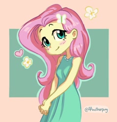 Size: 1405x1469 | Tagged: safe, artist:aanotherpony, fluttershy, equestria girls, abstract background, blushing, clothes, cute, dress, female, flower, heart, shyabetes, solo