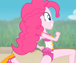 Size: 1319x1080 | Tagged: safe, screencap, pinkie pie, better together, equestria girls, forgotten friendship, beach, bowtie, clothes, cropped, curly hair, cute, diapinkes, female, flipper, forest, forest background, geode of sugar bombs, legs, magical geodes, outdoors, running, sky, sleeveless, smiling, swimsuit, tree, walkway
