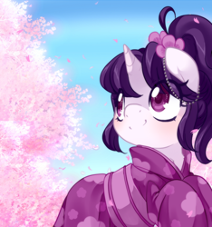 Size: 800x856 | Tagged: safe, artist:loyaldis, oc, oc:amai, pony, unicorn, cherry blossoms, clothes, eye clipping through hair, female, flower, flower blossom, flower in hair, kimono (clothing), solo, ych result