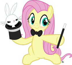 Size: 1674x1514 | Tagged: safe, artist:anime-equestria, derpibooru import, angel bunny, fluttershy, pegasus, pony, rabbit, angry, animal, blushing, bowtie, cute, duo, female, hat, magician, shyabetes, simple background, smiling, top hat, transparent background, vector, wand