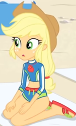 Size: 398x657 | Tagged: safe, screencap, applejack, better together, equestria girls, forgotten friendship, apple, applejack's hat, beach, beach towel, clothes, cowboy hat, cropped, cute, female, food, geode of super strength, hat, jackabetes, jewelry, legs, magical geodes, midriff, necklace, outdoors, sandals, sitting, solo, swimsuit