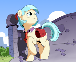 Size: 831x680 | Tagged: safe, artist:vinilyart, coco pommel, earth pony, pony, bridge, cocobetes, corral park, cute, female, looking up, manehattan, mare, one hoof raised, solo