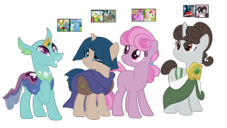 Size: 2045x1164 | Tagged: safe, artist:ari-10, oc, changeling, earth pony, unicorn, base used, female, interspecies offspring, magical lesbian spawn, male, next generation, offspring, parent:berry punch, parent:fiddlesticks, parent:florina tart, parent:king sombra, parent:raven, parent:stygian, parent:thorax, parent:trixie, simple background, transparent background