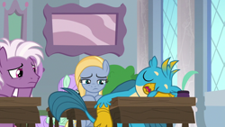 Size: 1920x1080 | Tagged: safe, screencap, gallus, goldy wings, loganberry, violet twirl, griffon, pony, a horse shoe-in, background pony, eyes closed, female, friendship student, male, mare, sleeping, snoring, stallion