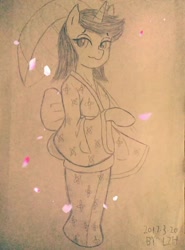 Size: 1080x1461 | Tagged: safe, artist:lzh, oc, oc only, pony, unicorn, clothes, female, kimono (clothing), looking at you, paper, petal, solo, standing pony, traditional art, umbrella