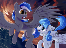 Size: 3656x2665 | Tagged: safe, artist:ravistdash, oc, pegasus, pony, cloud, dawn, ear fluff, fluffy, looking at each other, ocean