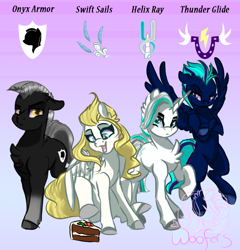 Size: 829x864 | Tagged: safe, artist:kittywoofers, carrot cake, oc, oc:helix ray, oc:onyx armor, oc:swift sails, oc:thunder glide, earth pony, pegasus, unicorn, fanfic:crossing the trixie bridge, earth pony oc, fanfic art, horn, pegasus oc, solar guard, unicorn oc, wings