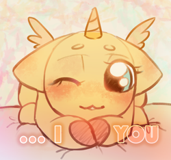 Size: 2168x2030 | Tagged: safe, artist:klooda, oc, pegasus, pony, unicorn, advertisement, bed, blushing, commission, cute, female, heart, i love you, looking at you, lying, mare, one eye closed, smiling, solo, wink, ych example, your character here