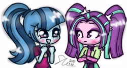 Size: 2982x1615 | Tagged: safe, artist:starflashing twinkle, aria blaze, sonata dusk, equestria girls, ariabetes, arisona, blushing, clothes, cute, dress, female, food, lesbian, shipping, simple background, sonatabetes, taco, white background